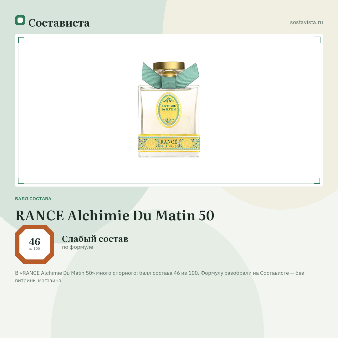 RANCE Alchimie Du Matin 50: балл состава 46 из 100 — Состависта