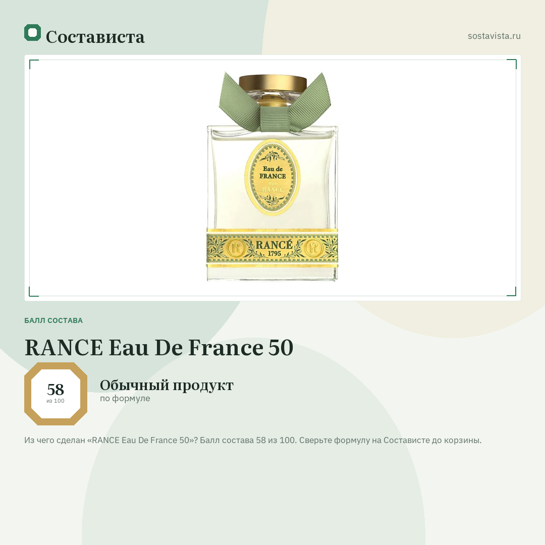 RANCE Eau De France 50: балл состава 58 из 100 — Состависта