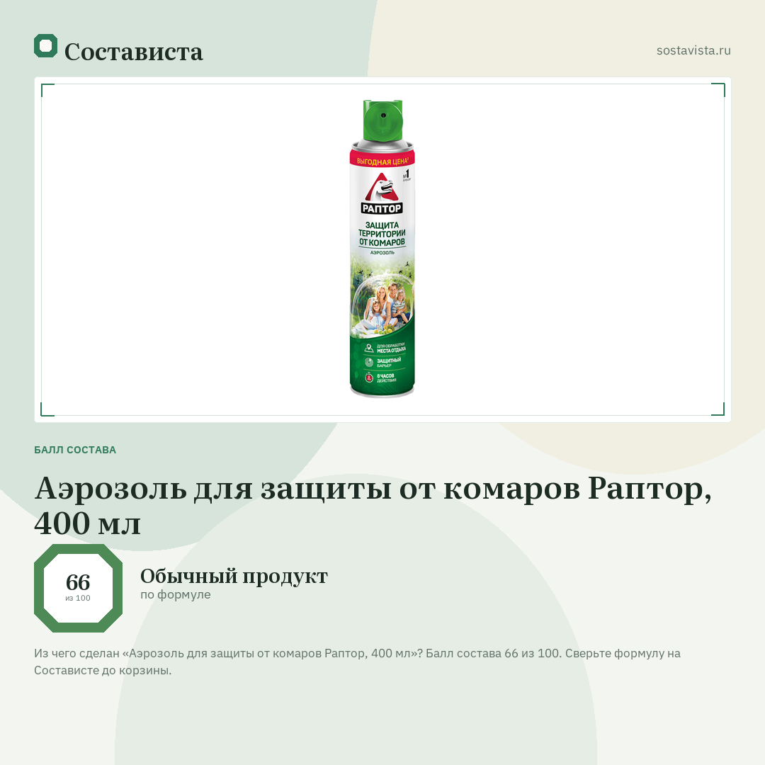 Аэрозоль для защиты от комаров Раптор, 400 мл: балл состава 66 из 100 — Состависта