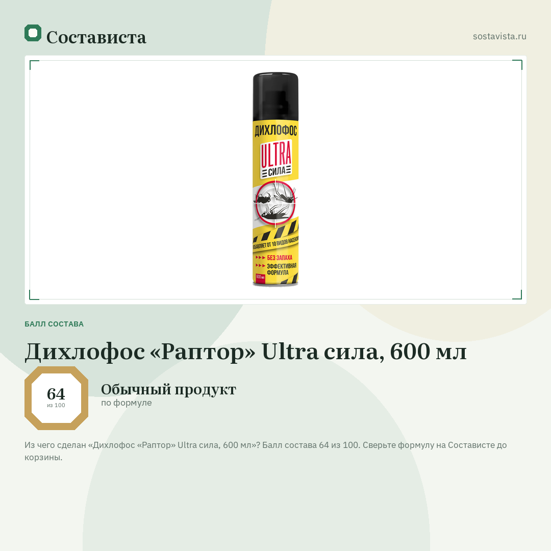 Дихлофос «Раптор» Ultra сила, 600 мл: балл состава 64 из 100 — Состависта