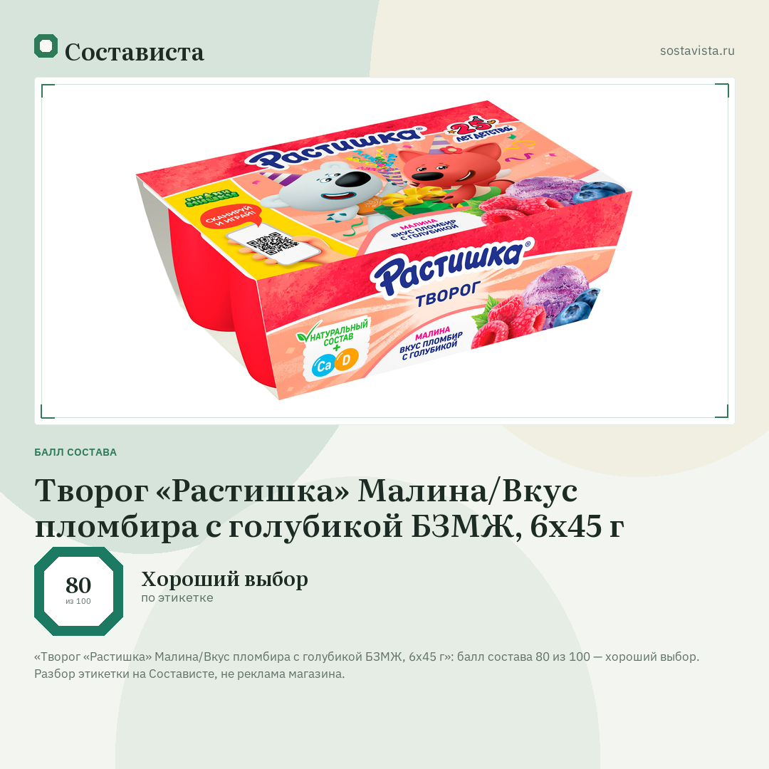 Творог «Растишка» Малина/Вкус пломбира с голубикой БЗМЖ, 6х45 г: балл состава 80 из 100 — Состависта