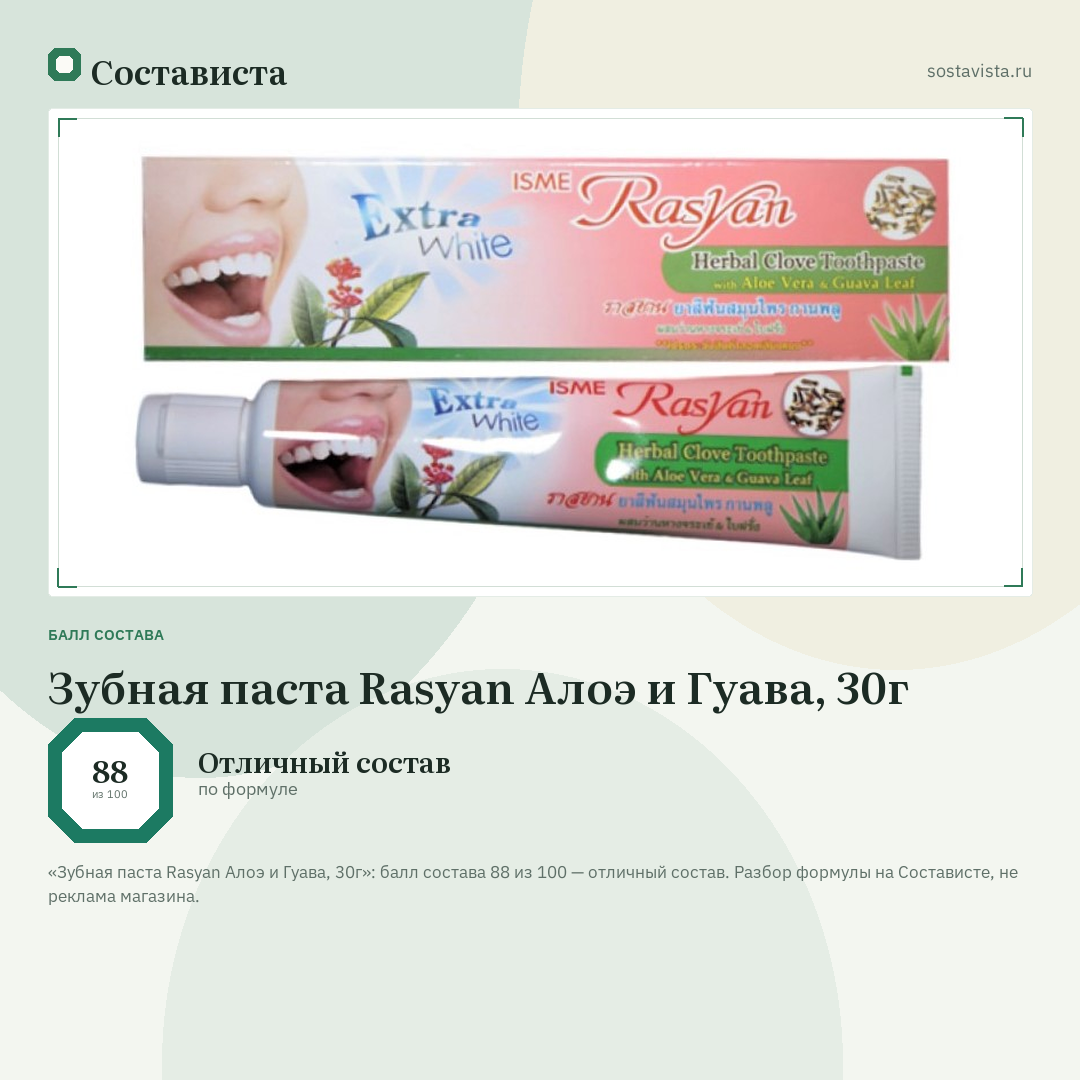 Зубная паста Rasyan Алоэ и Гуава, 30г: балл состава 88 из 100 — Состависта