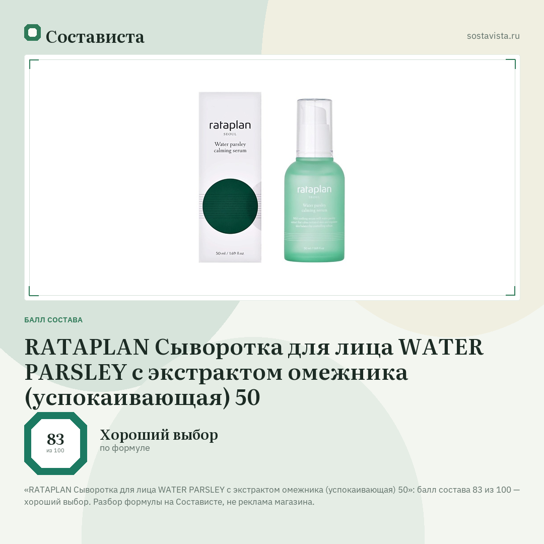 RATAPLAN Сыворотка для лица WATER PARSLEY с экстрактом омежника (успокаивающая) 50: балл состава 83 из 100 — Состависта