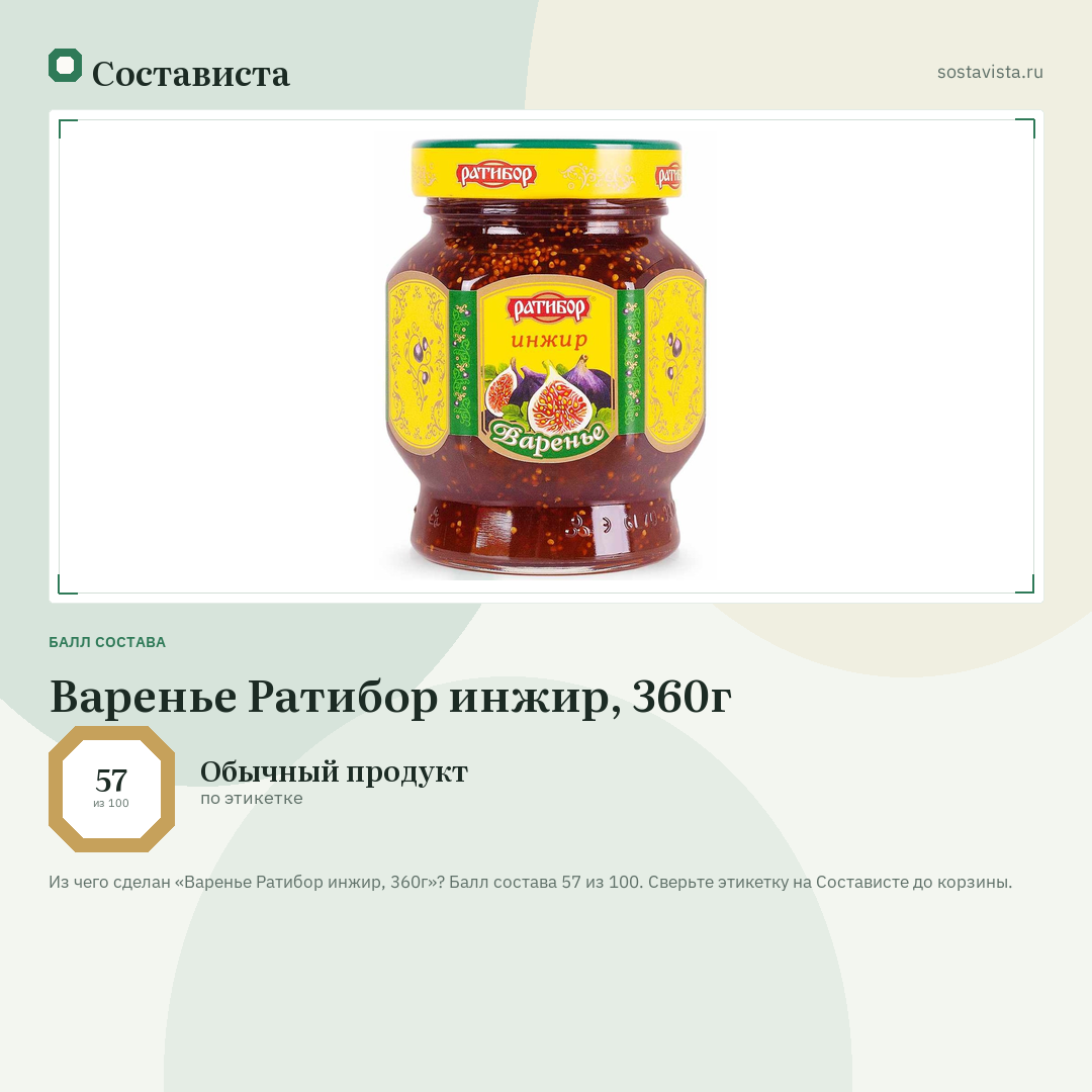 Варенье Ратибор инжир, 360г: балл состава 57 из 100 — Состависта