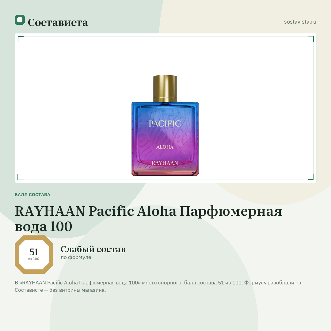 RAYHAAN Pacific Aloha Парфюмерная вода 100: балл состава 51 из 100 — Состависта