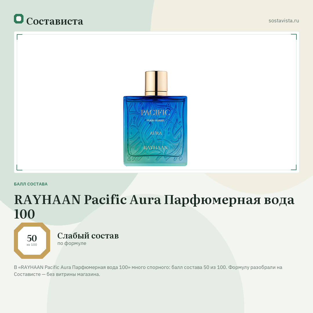 RAYHAAN Pacific Aura Парфюмерная вода 100: балл состава 50 из 100 — Состависта
