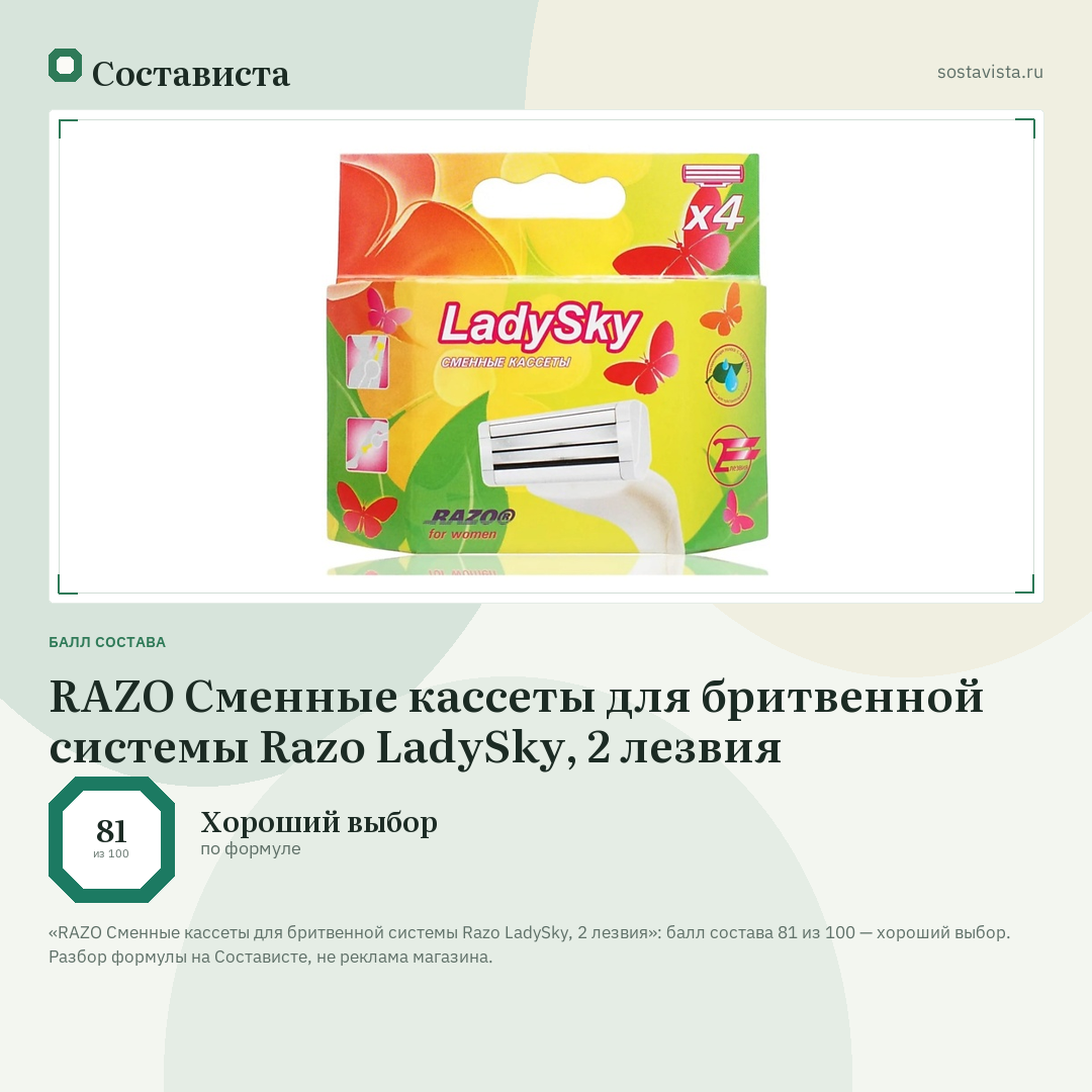 RAZO Сменные кассеты для бритвенной системы Razo LadySky, 2 лезвия: балл состава 81 из 100 — Состависта