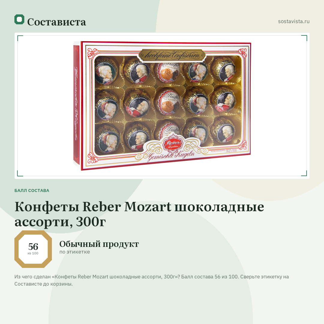 Конфеты Reber Mozart шоколадные ассорти, 300г: балл состава 56 из 100 — Состависта