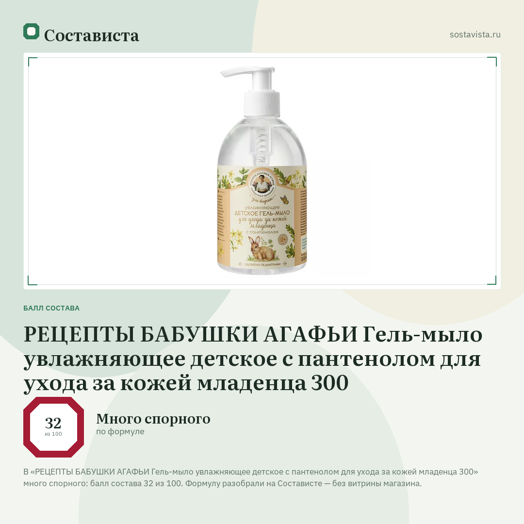 РЕЦЕПТЫ БАБУШКИ АГАФЬИ Гель-мыло увлажняющее детское с пантенолом для ухода за кожей младенца 300: балл состава 32 из 100 — Состависта