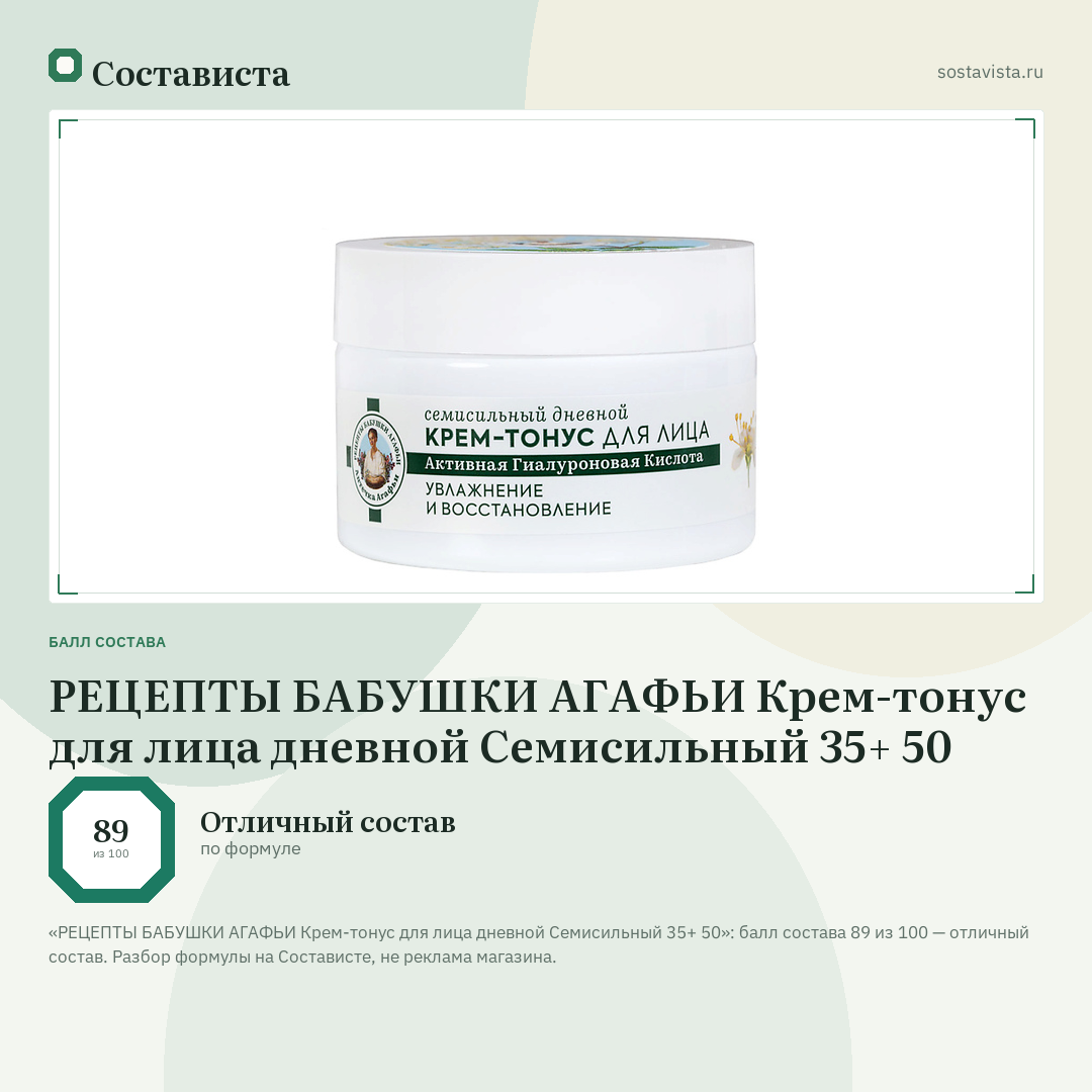 РЕЦЕПТЫ БАБУШКИ АГАФЬИ Крем-тонус для лица дневной Семисильный 35+ 50: балл состава 89 из 100 — Состависта