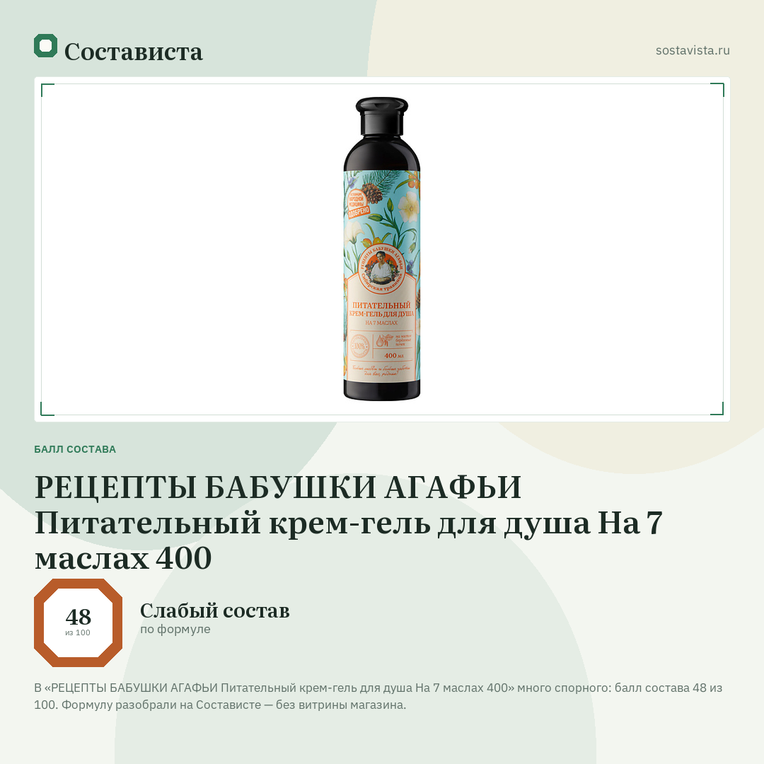 РЕЦЕПТЫ БАБУШКИ АГАФЬИ Питательный крем-гель для душа На 7 маслах 400: балл состава 48 из 100 — Состависта