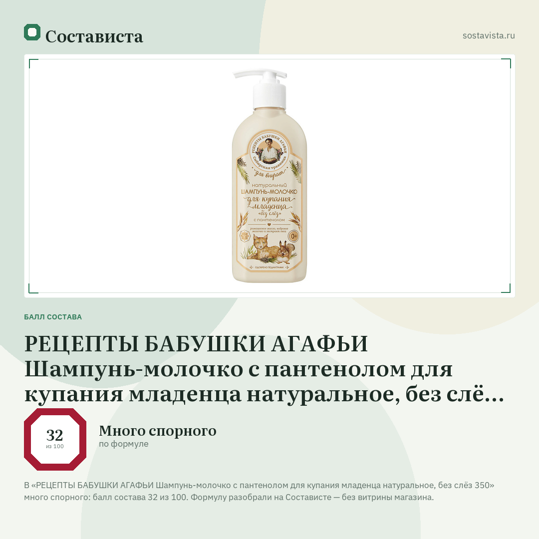 РЕЦЕПТЫ БАБУШКИ АГАФЬИ Шампунь-молочко с пантенолом для купания младенца натуральное, без слёз 350: балл состава 32 из 100 — Состависта