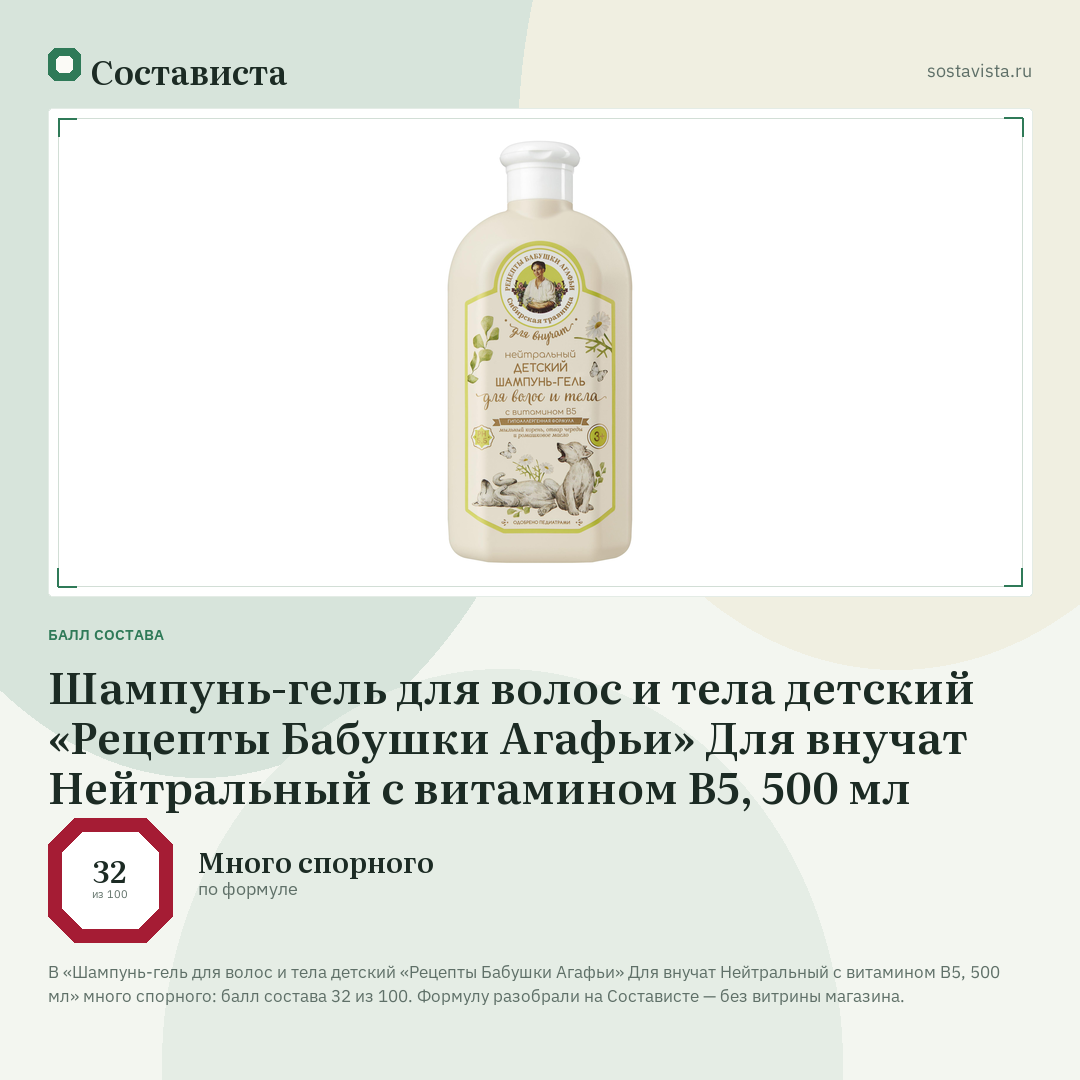 Шампунь-гель для волос и тела детский «Рецепты Бабушки Агафьи» Для внучат Нейтральный с витамином В5, 500 мл: балл состава 32 из 100 — Состависта