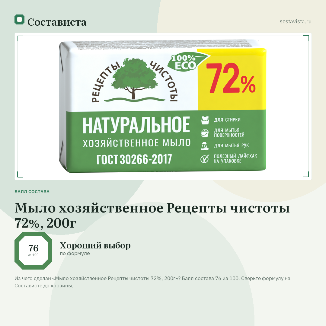Мыло хозяйственное Рецепты чистоты 72%, 200г: балл состава 76 из 100 — Состависта