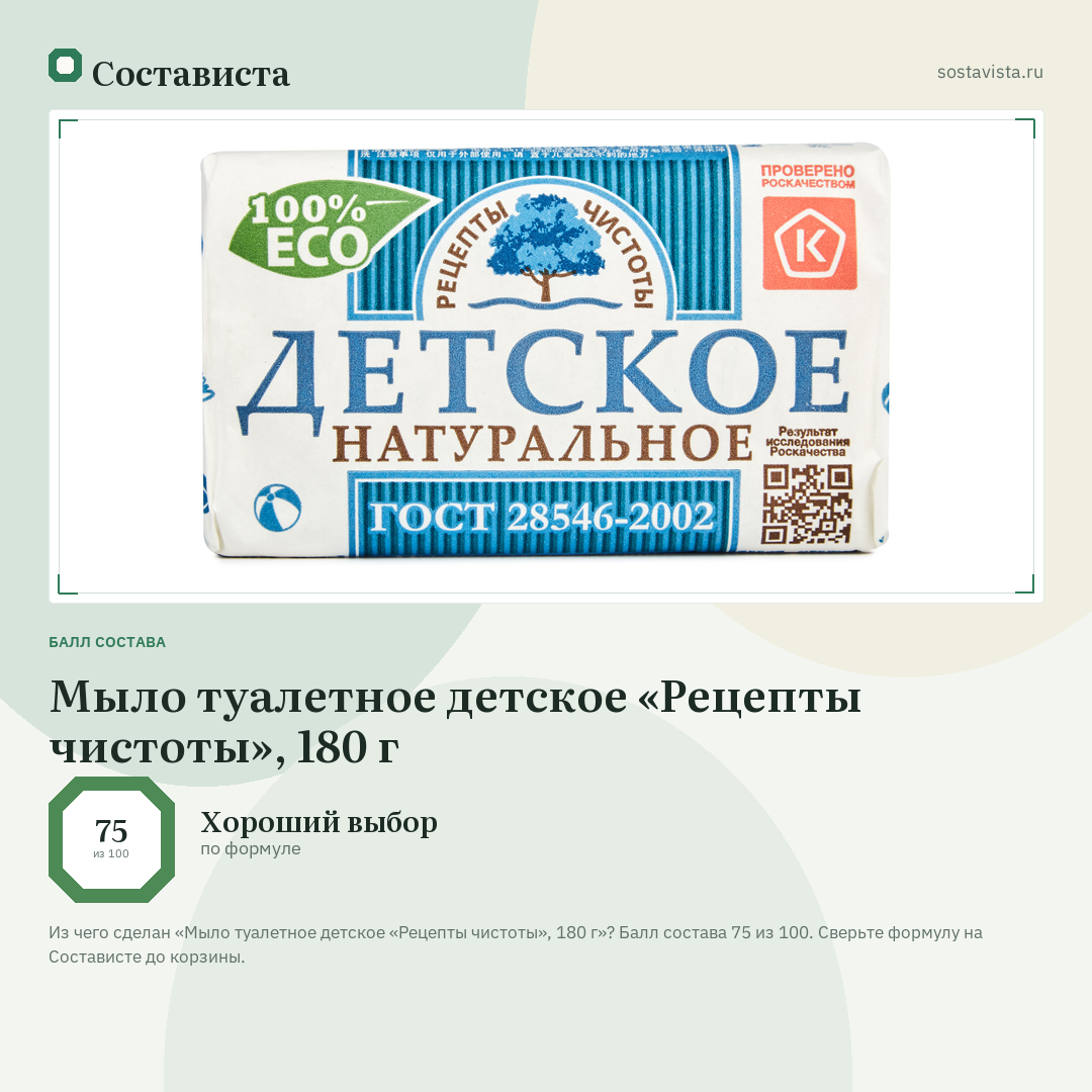 Мыло туалетное детское «Рецепты чистоты», 180 г: балл состава 75 из 100 — Состависта