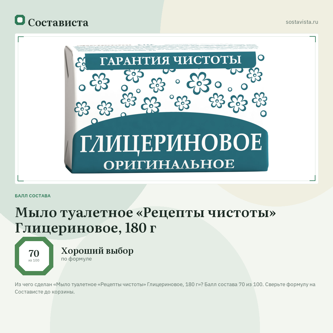 Мыло туалетное «Рецепты чистоты» Глицериновое, 180 г: балл состава 70 из 100 — Состависта