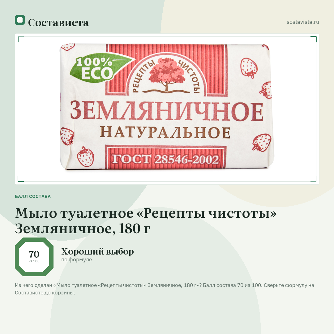 Мыло туалетное «Рецепты чистоты» Земляничное, 180 г: балл состава 70 из 100 — Состависта