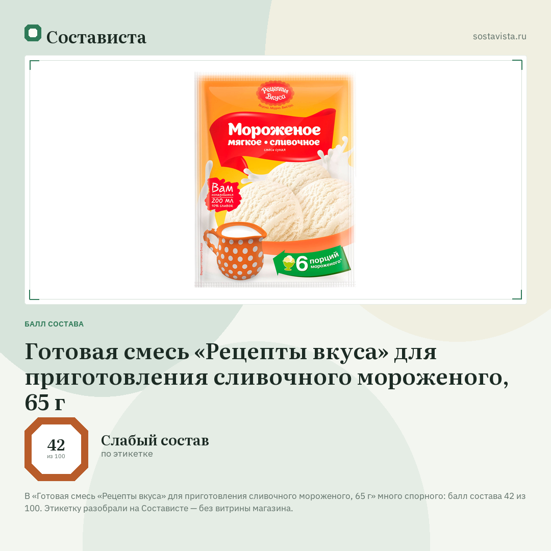 Готовая смесь «Рецепты вкуса» для приготовления сливочного мороженого, 65 г: балл состава 42 из 100 — Состависта