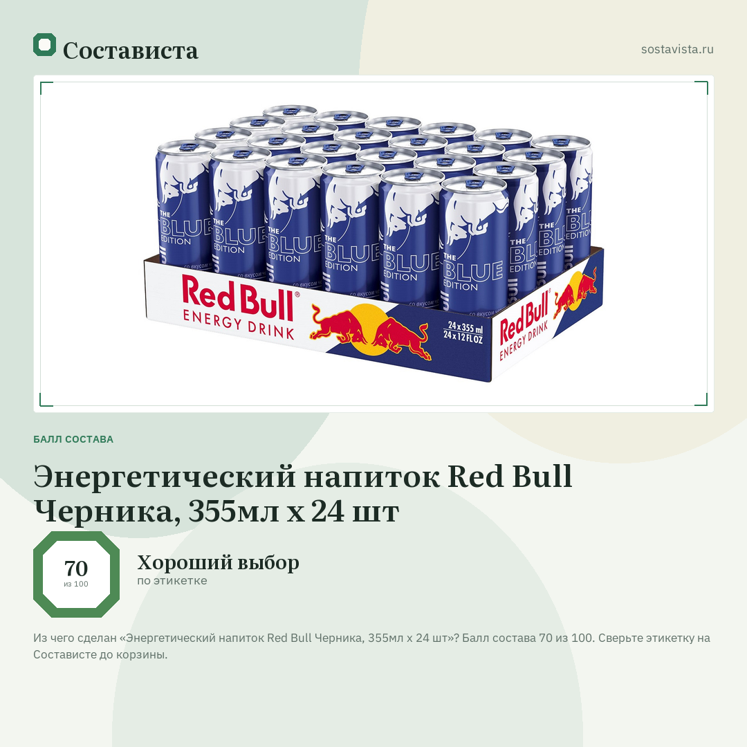 Энергетический напиток Red Bull Черника, 355мл x 24 шт: балл состава 70 из 100 — Состависта