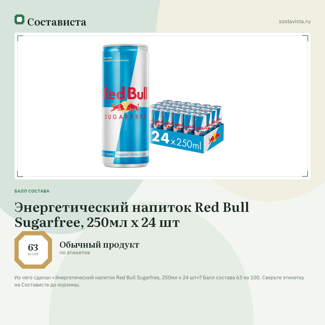 Энергетический напиток Red Bull Sugarfree, 250мл x 24 шт: балл состава 63 из 100 — Состависта