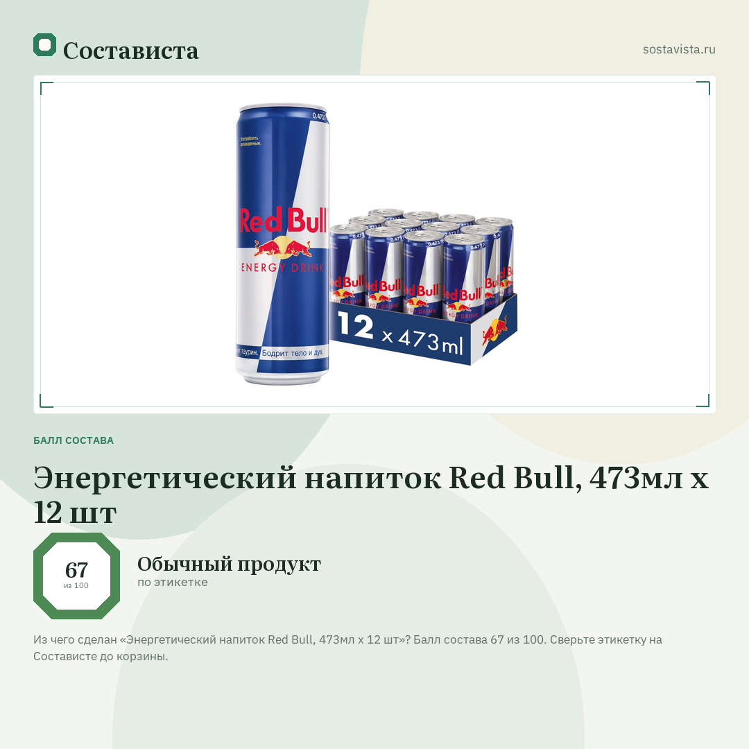 Энергетический напиток Red Bull, 473мл x 12 шт: балл состава 67 из 100 — Состависта