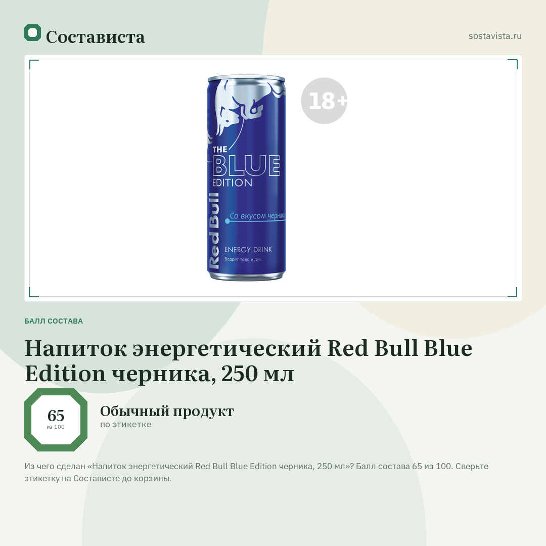 Напиток энергетический Red Bull Blue Edition черника, 250 мл: балл состава 65 из 100 — Состависта