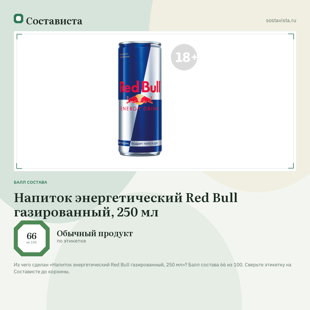 Напиток энергетический Red Bull газированный, 250 мл: балл состава 66 из 100 — Состависта
