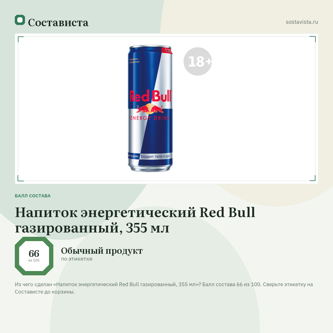 Напиток энергетический Red Bull газированный, 355 мл: балл состава 66 из 100 — Состависта