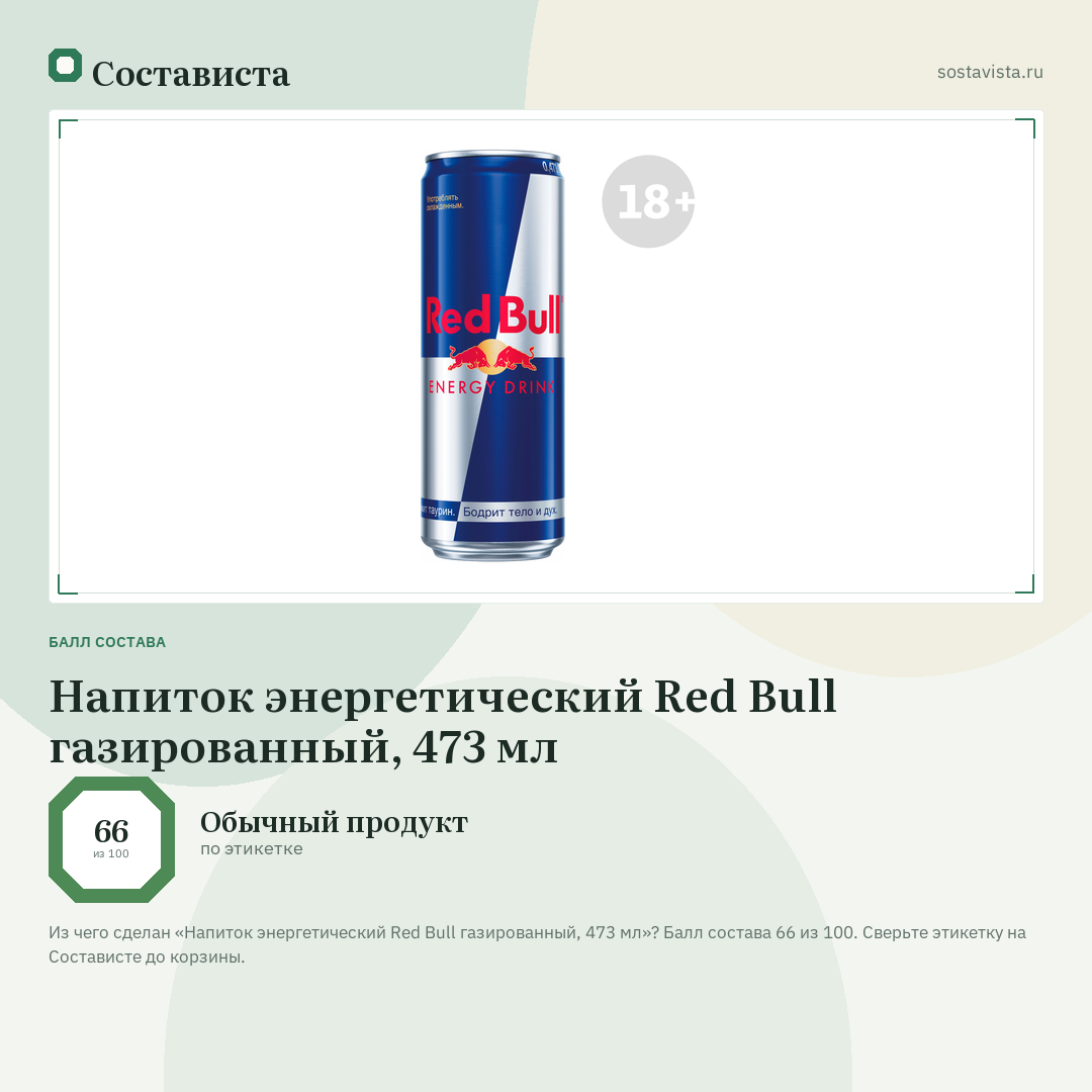 Напиток энергетический Red Bull газированный, 473 мл: балл состава 66 из 100 — Состависта