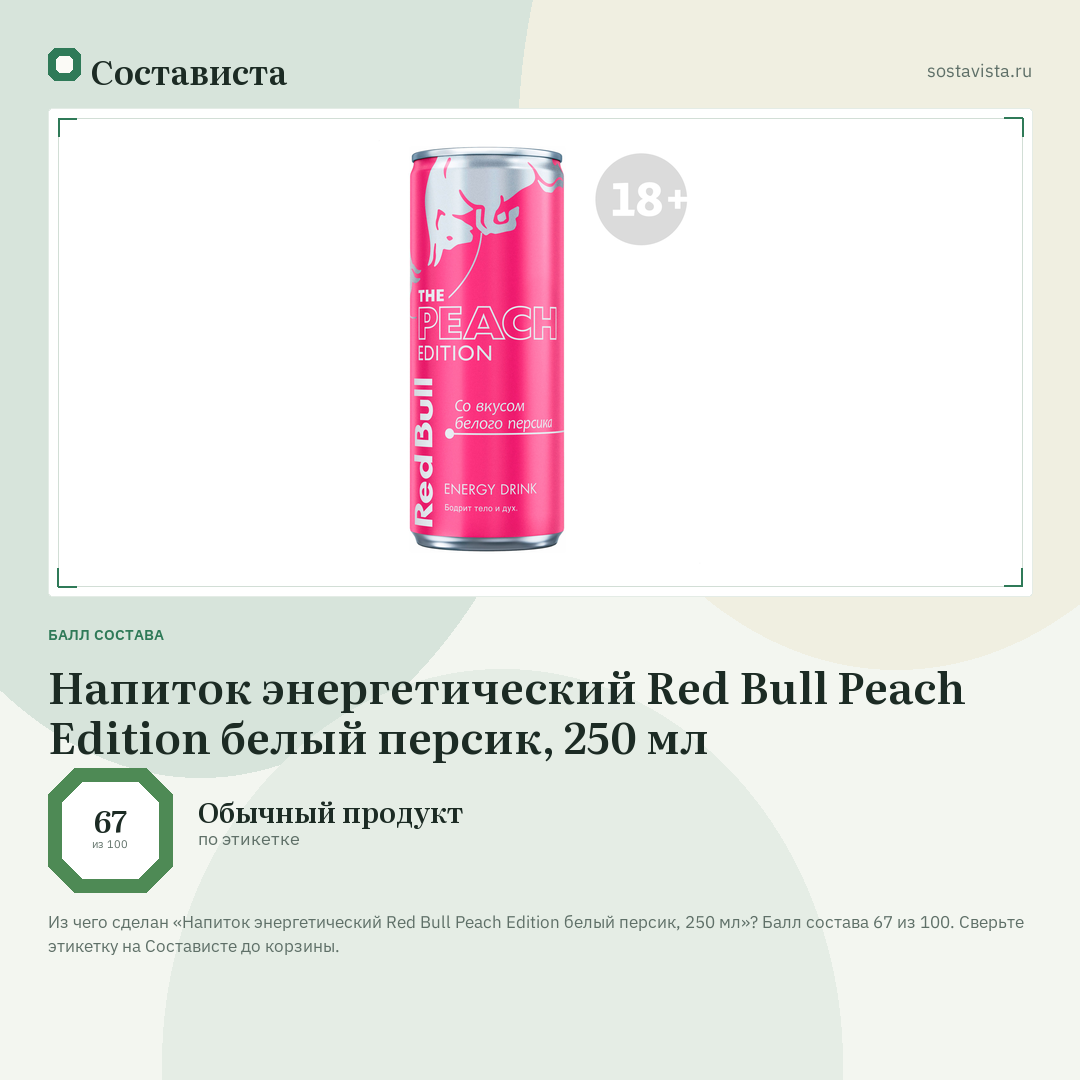 Напиток энергетический Red Bull Peach Edition белый персик, 250 мл: балл состава 67 из 100 — Состависта