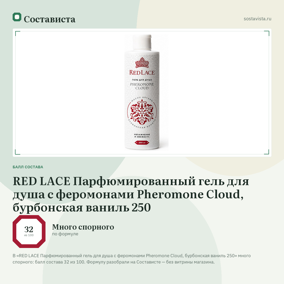 RED LACE Парфюмированный гель для душа с феромонами Pheromone Cloud, бурбонская ваниль 250: балл состава 32 из 100 — Состависта