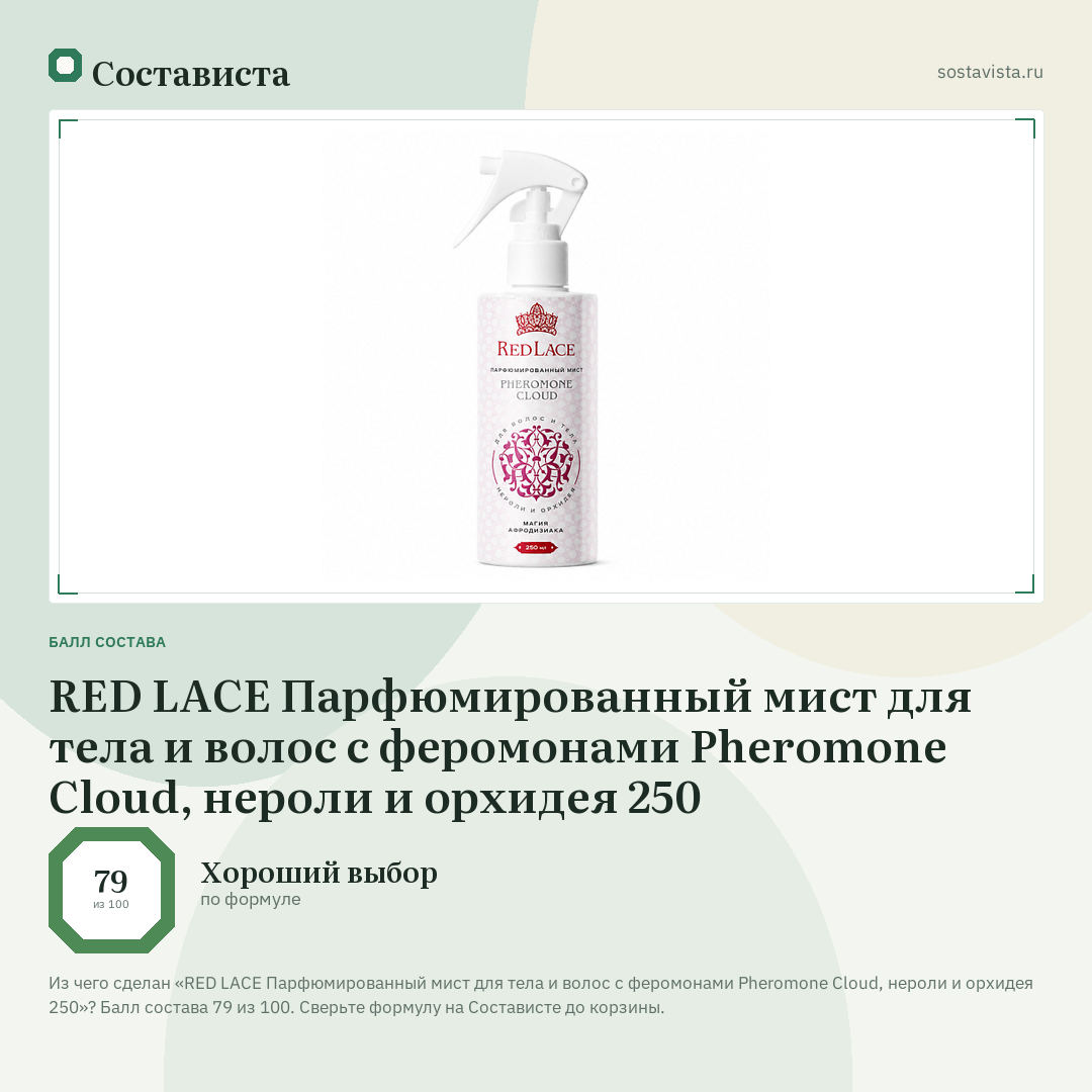 RED LACE Парфюмированный мист для тела и волос с феромонами Pheromone Cloud, нероли и орхидея 250: балл состава 79 из 100 — Состависта