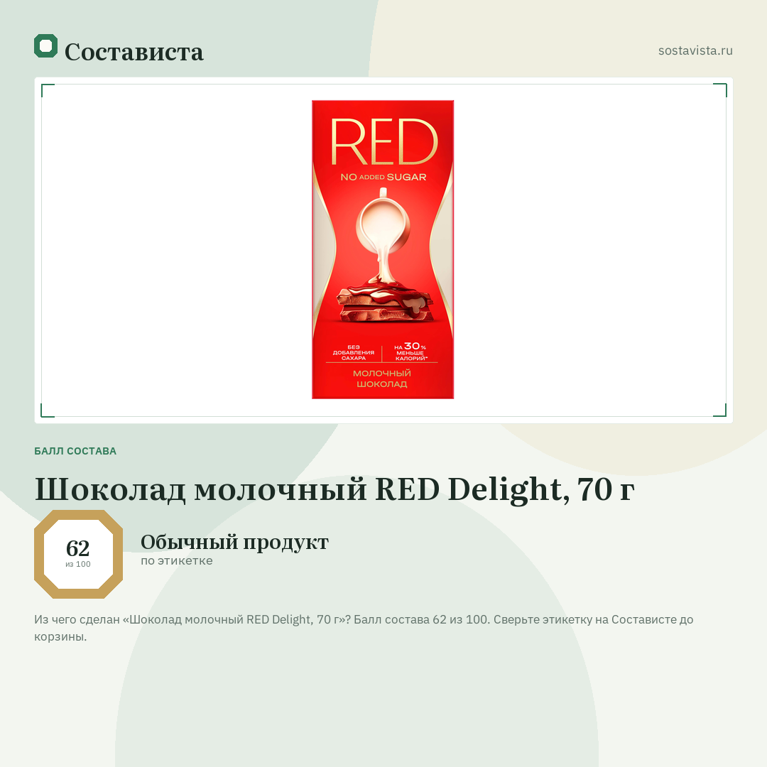 Шоколад молочный RED Delight, 70 г: балл состава 62 из 100 — Состависта