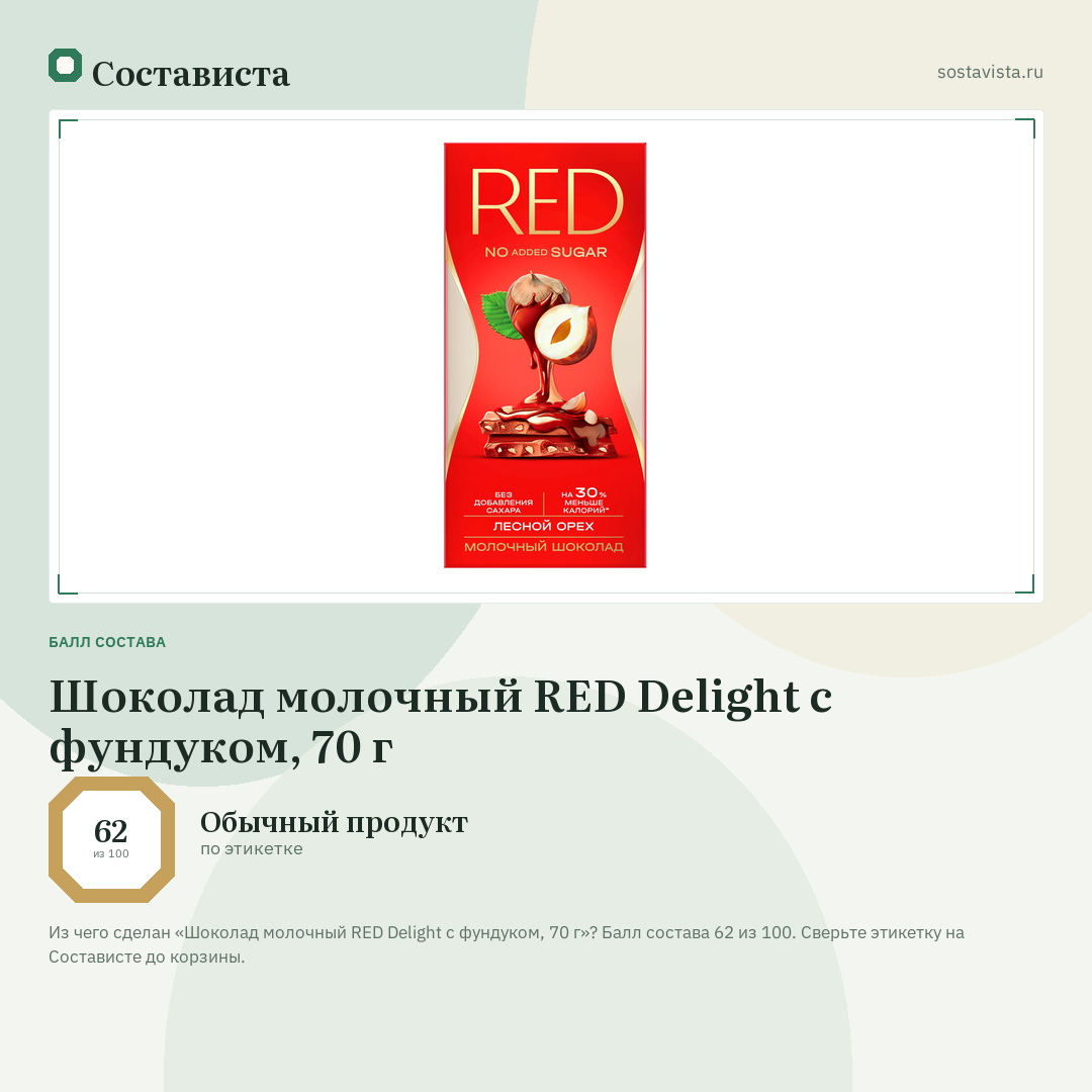 Шоколад молочный RED Delight с фундуком, 70 г: балл состава 62 из 100 — Состависта