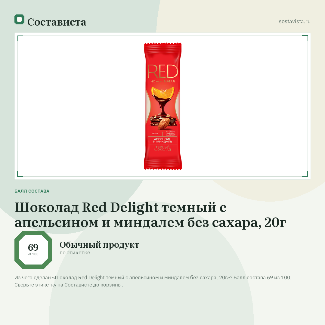 Шоколад Red Delight темный с апельсином и миндалем без сахара, 20г: балл состава 69 из 100 — Состависта