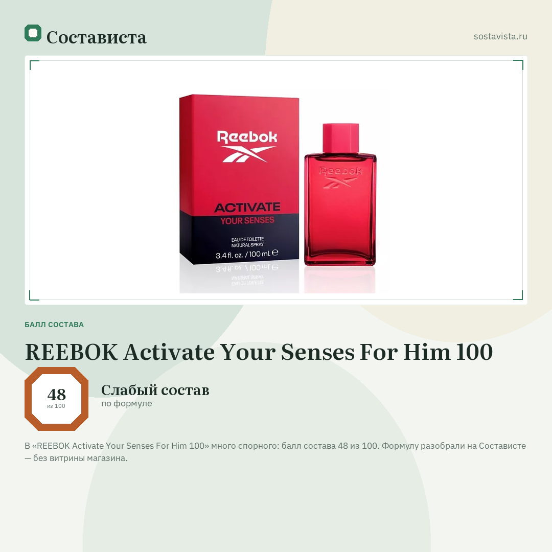 REEBOK Activate Your Senses For Him 100: балл состава 48 из 100 — Состависта