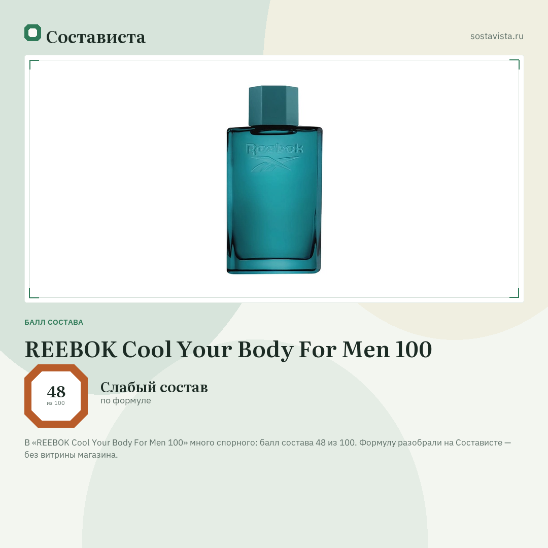 REEBOK Cool Your Body For Men 100: балл состава 48 из 100 — Состависта