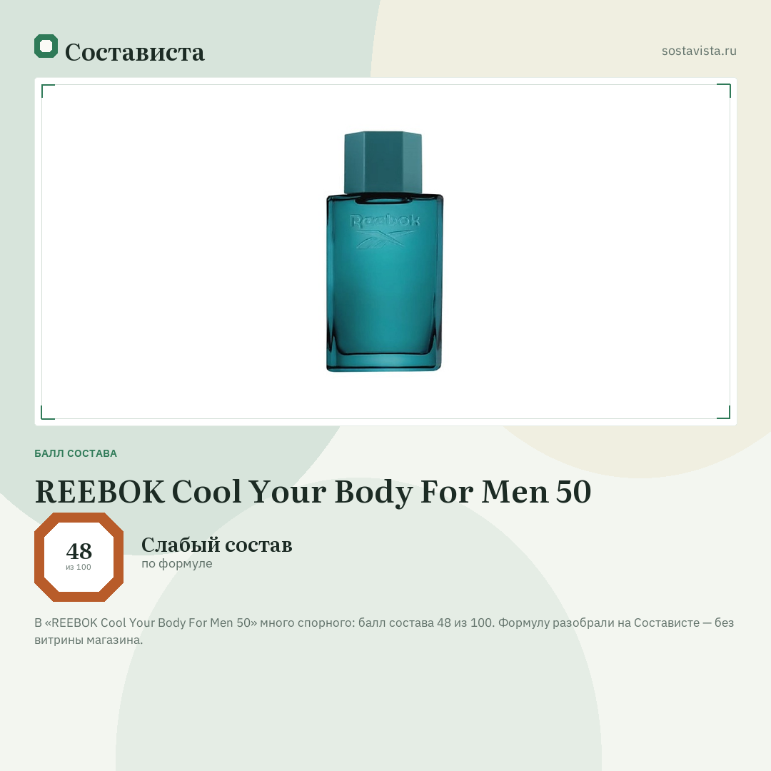 REEBOK Cool Your Body For Men 50: балл состава 48 из 100 — Состависта