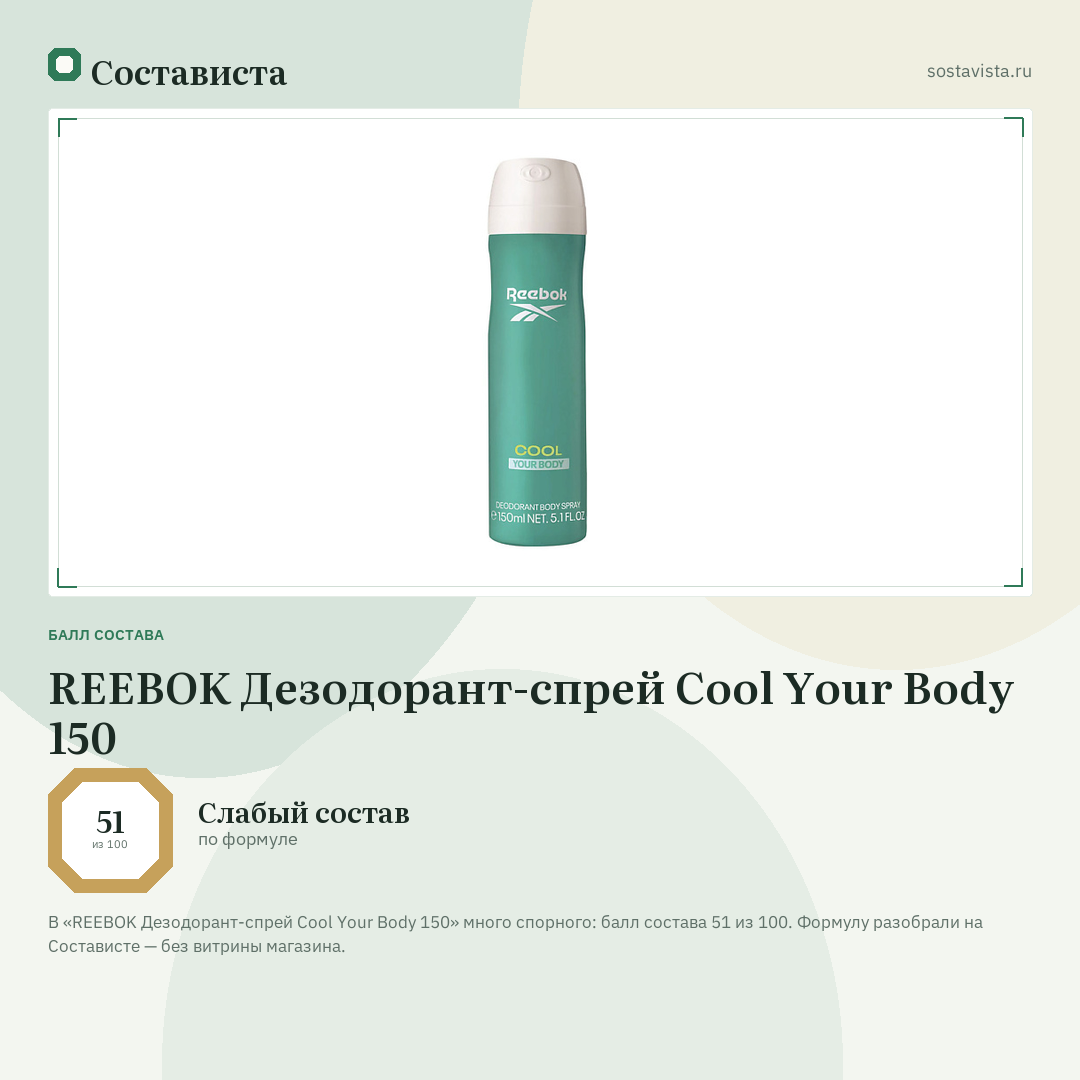 REEBOK Дезодорант-спрей Cool Your Body 150: балл состава 51 из 100 — Состависта