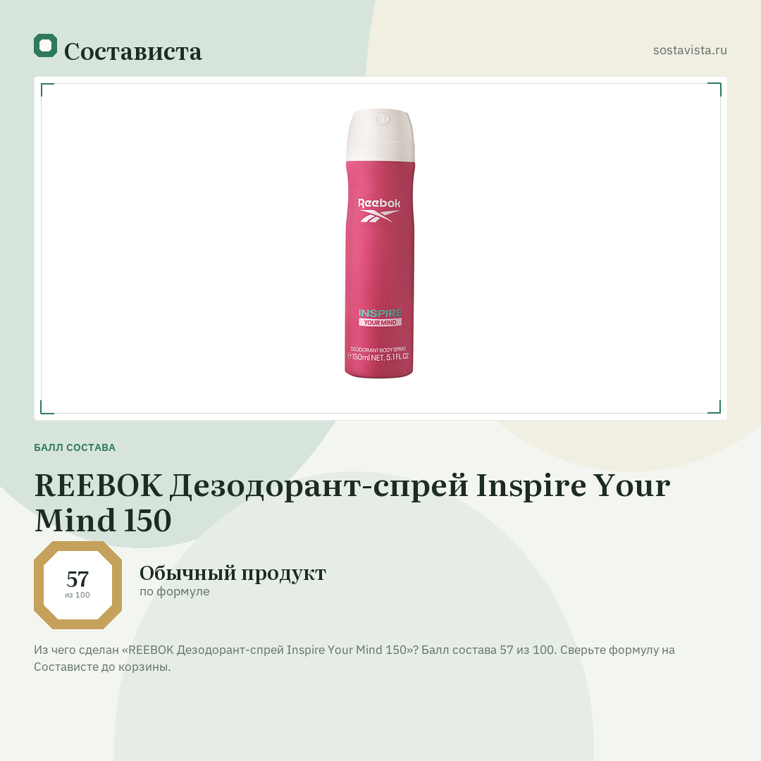 REEBOK Дезодорант-спрей Inspire Your Mind 150: балл состава 57 из 100 — Состависта