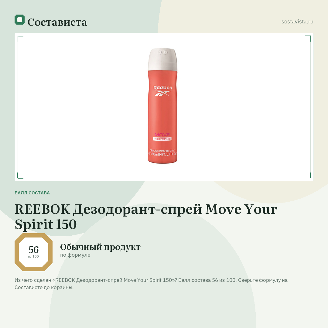 REEBOK Дезодорант-спрей Move Your Spirit 150: балл состава 56 из 100 — Состависта