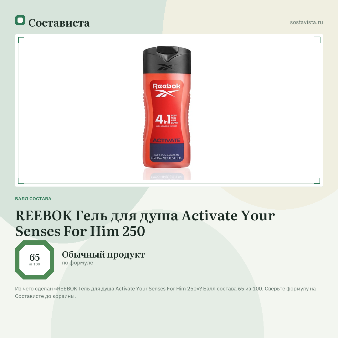 REEBOK Гель для душа Activate Your Senses For Him 250: балл состава 65 из 100 — Состависта