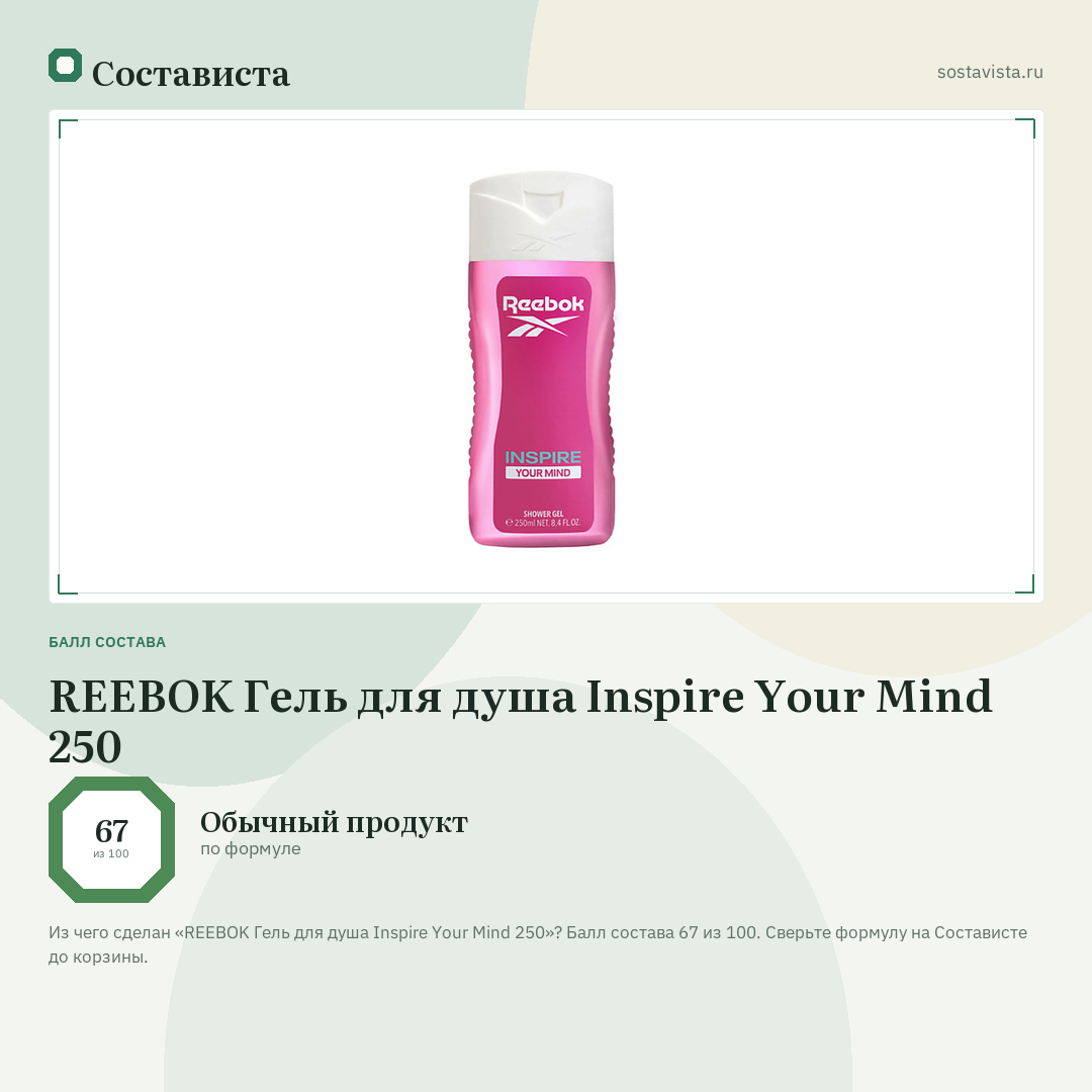 REEBOK Гель для душа Inspire Your Mind 250: балл состава 67 из 100 — Состависта