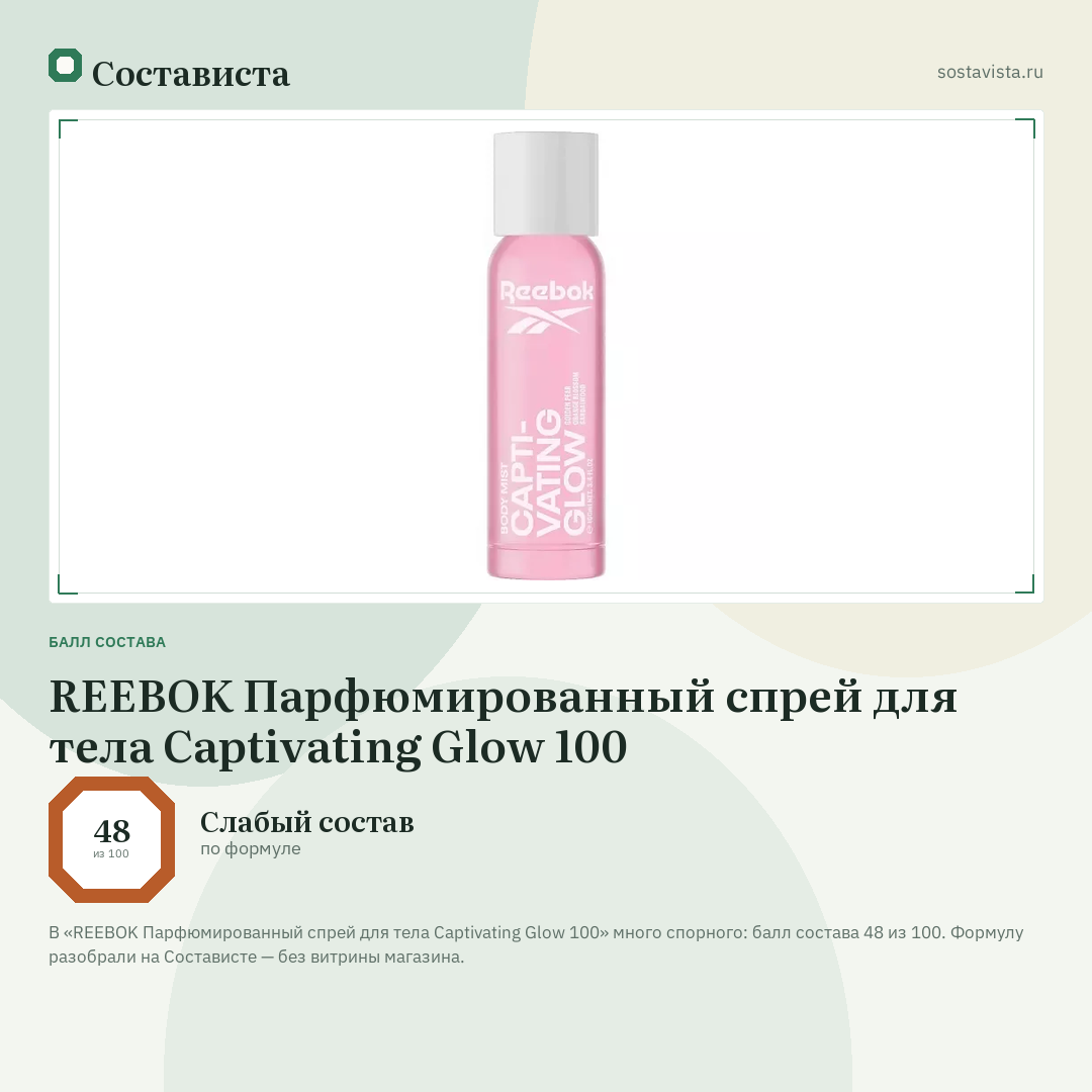 REEBOK Парфюмированный спрей для тела Captivating Glow 100: балл состава 48 из 100 — Состависта