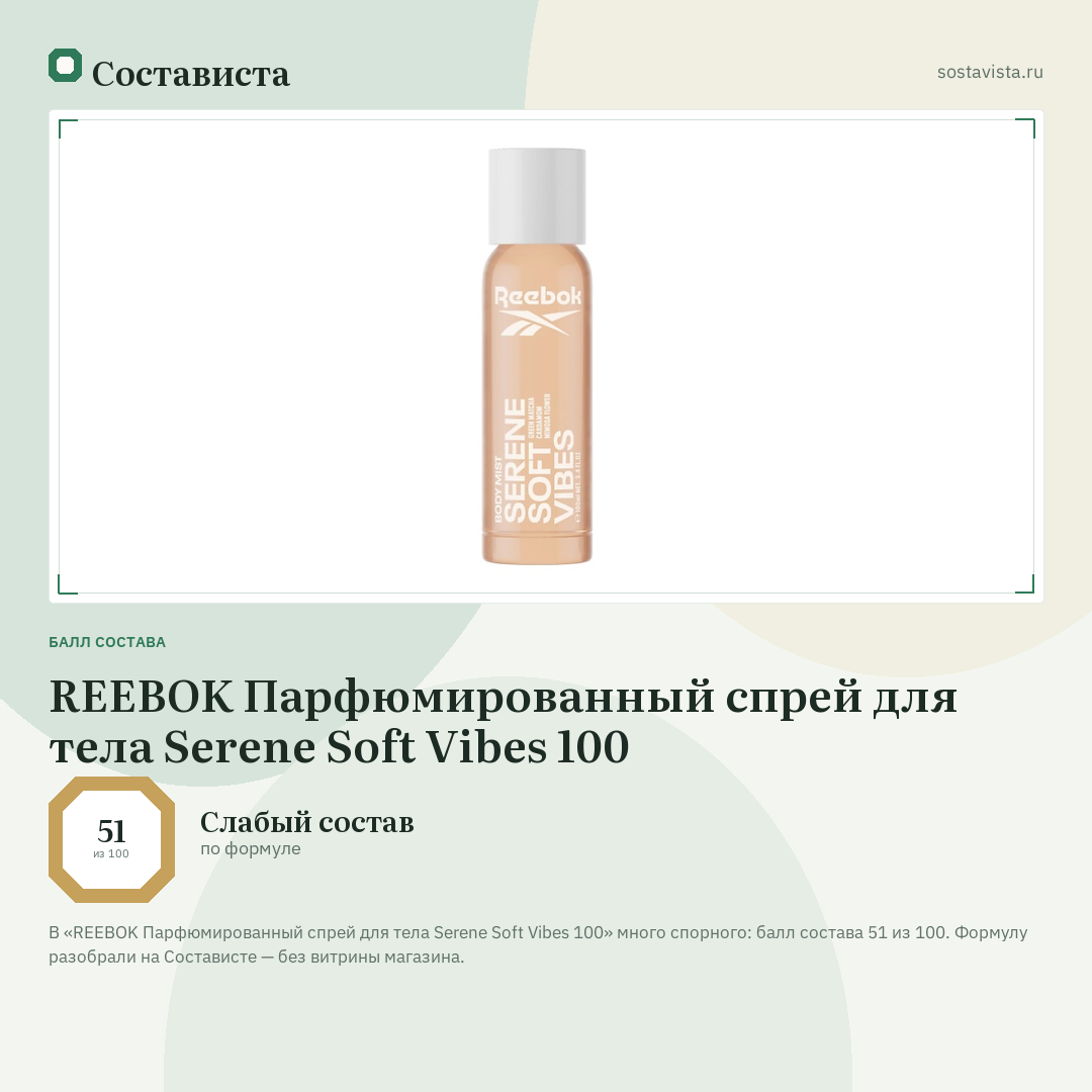 REEBOK Парфюмированный спрей для тела Serene Soft Vibes 100: балл состава 51 из 100 — Состависта