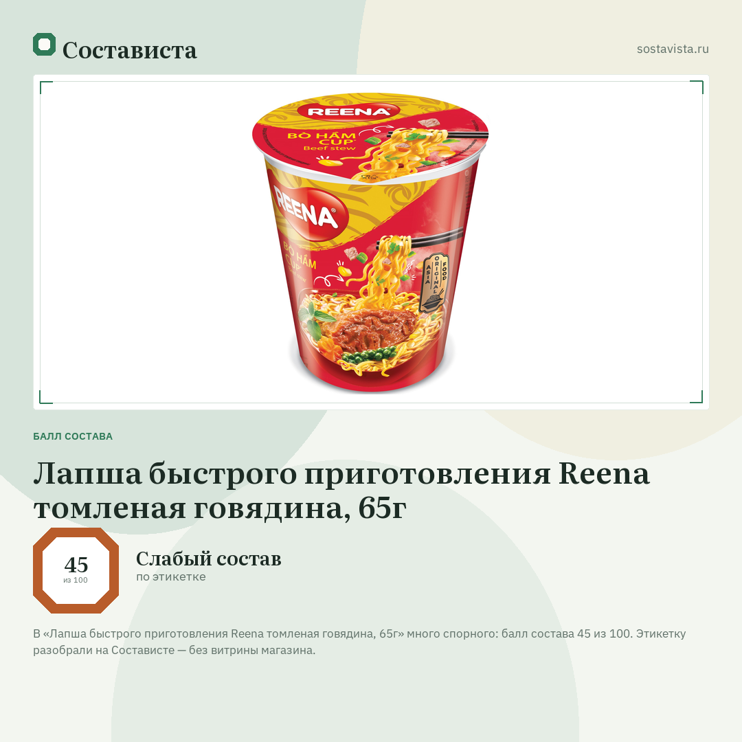 Лапша быстрого приготовления Reena томленая говядина, 65г: балл состава 45 из 100 — Состависта