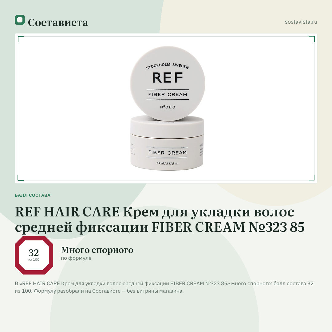 REF HAIR CARE Крем для укладки волос средней фиксации FIBER CREAM №323 85: балл состава 32 из 100 — Состависта
