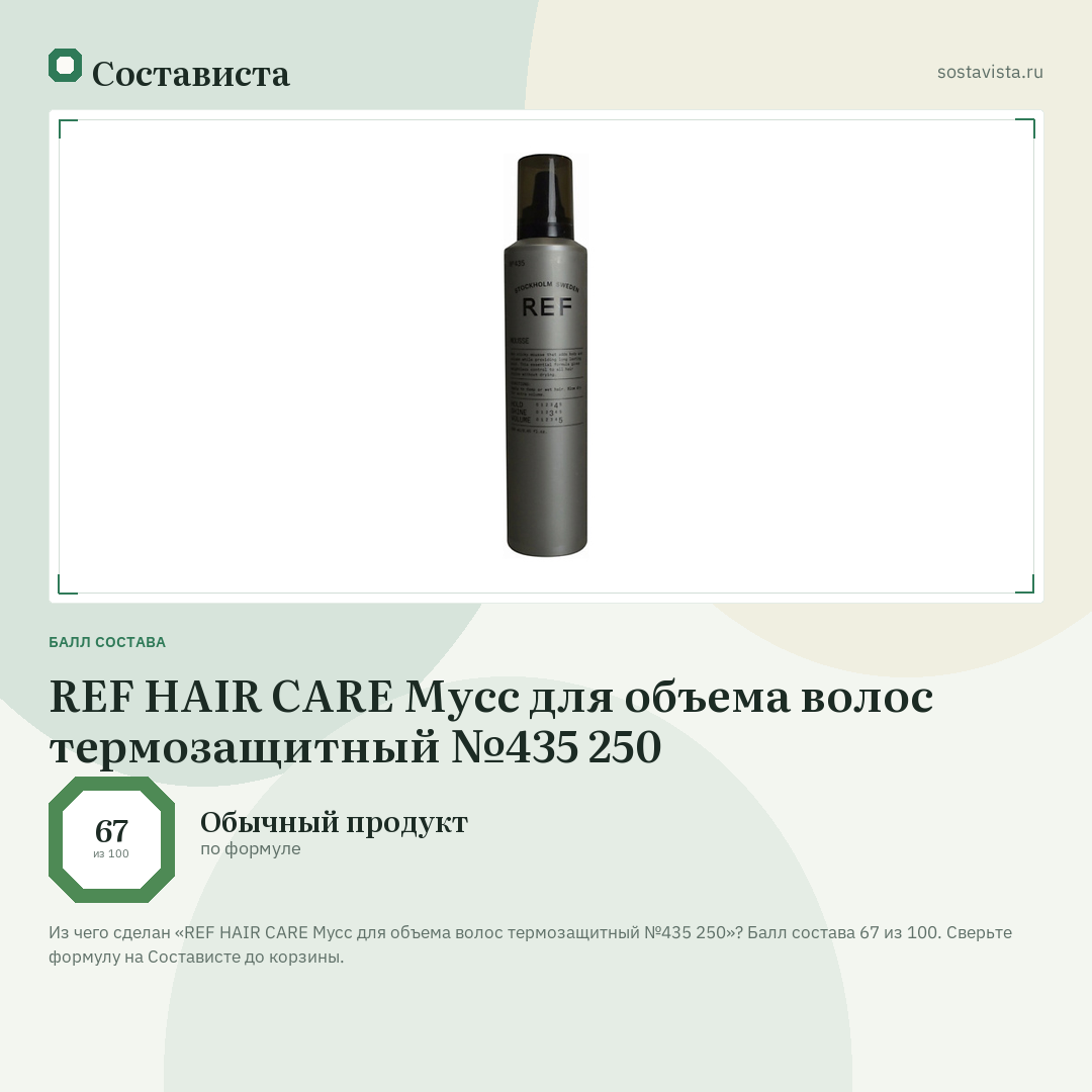 REF HAIR CARE Мусс для объема волос термозащитный №435 250: балл состава 67 из 100 — Состависта