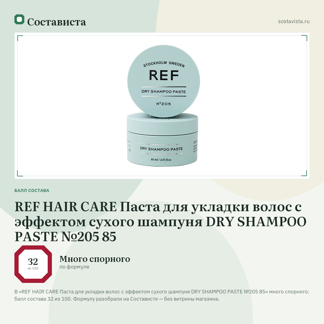 REF HAIR CARE Паста для укладки волос с эффектом сухого шампуня DRY SHAMPOO PASTE №205 85: балл состава 32 из 100 — Состависта