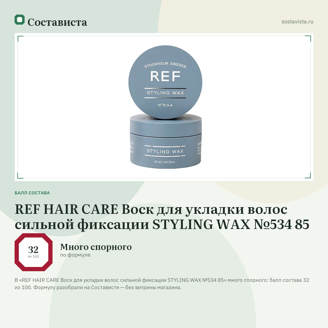 REF HAIR CARE Воск для укладки волос сильной фиксации STYLING WAX №534 85: балл состава 32 из 100 — Состависта